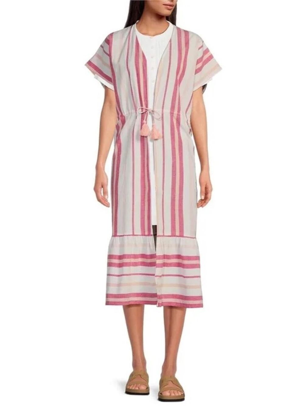 Faherty Striped Pink & White Tassel Tie Midi Cover-Up longline duster OS